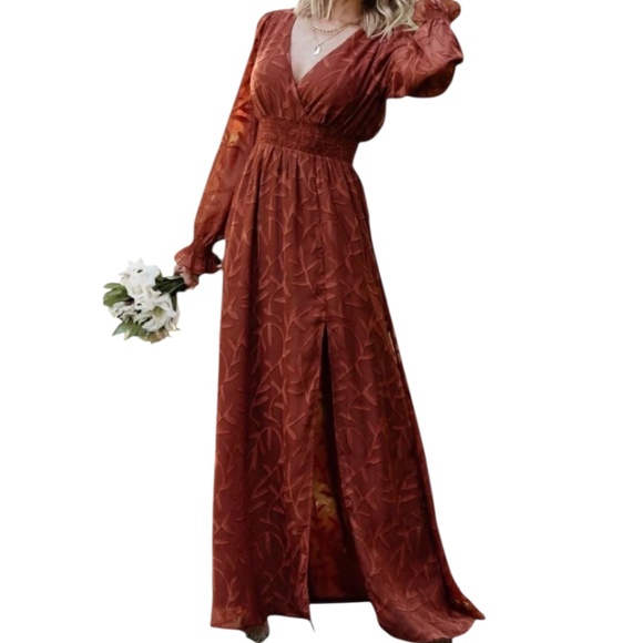 Baltic‎ Born Chiffon Textured Long Sleeve Floral Women's Maxi Dress In Rust, NWT - Picture 2 of 11